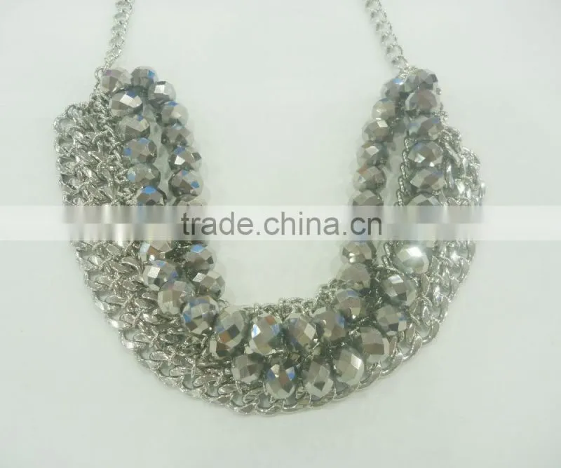 FASHION MULTI ROW GLASS BEADED CHAIN NECKLACE