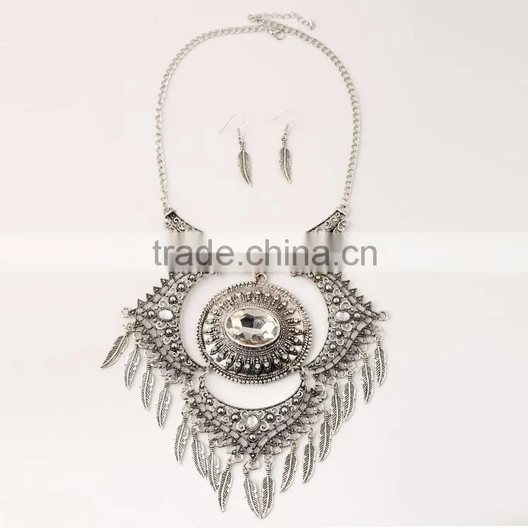 Turkish Jewelry Set Ethnic Antique Silver Choker Necklace With Tassel Leaf Pendant