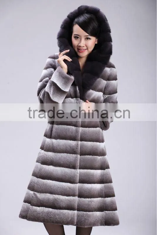 Grey mink hooded dyed rex rabbit fur coat