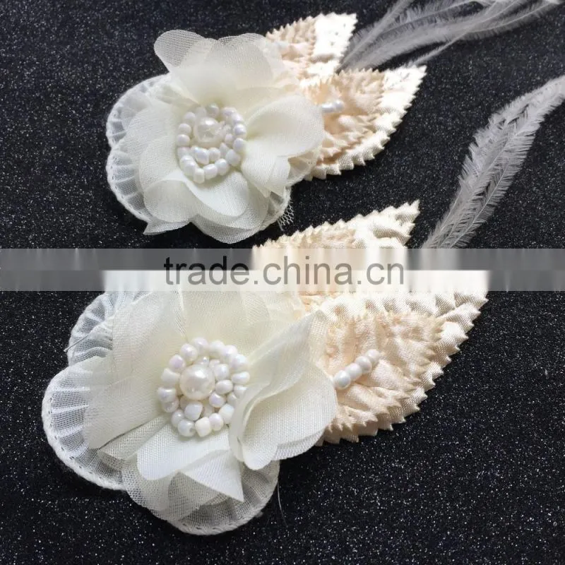 Handmade Fabric Flower Applique With Feather,Flower Patches For Cloth