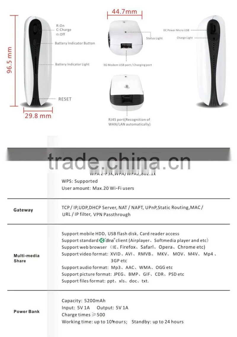 wireless router with battery 5200mAh power bank