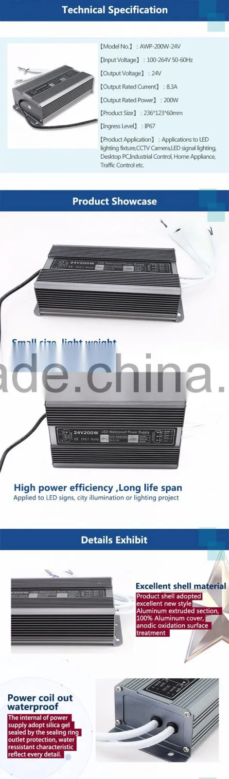 Smps ac to dc 200W 24v 8.3a LED IP67 switching power supply