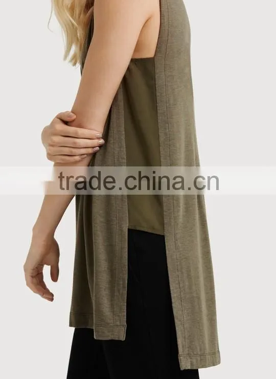 Latest fashion design women clothing sleeveless side split loose long t-shirt