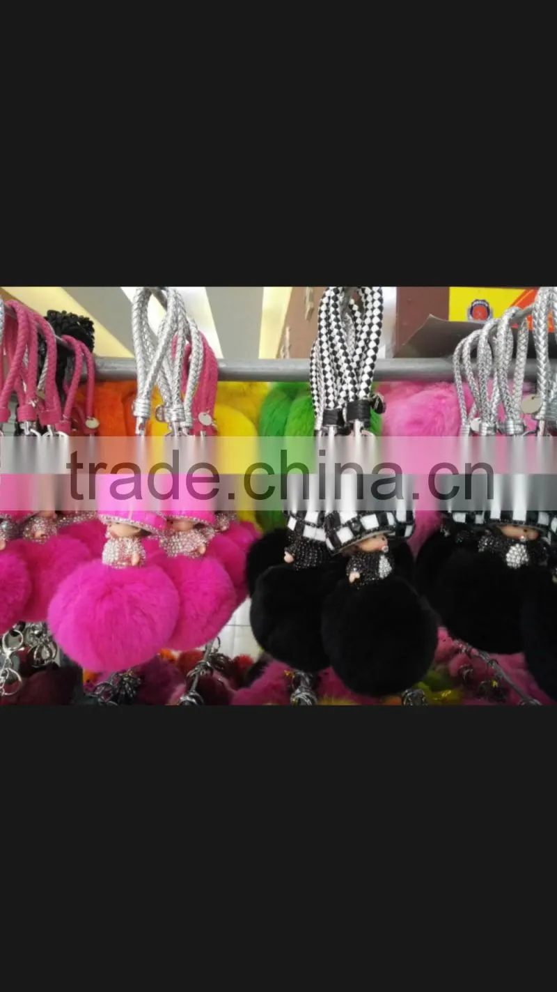 Hot selling rabbit fur accessories monchhichi leather keychain fur pompoms