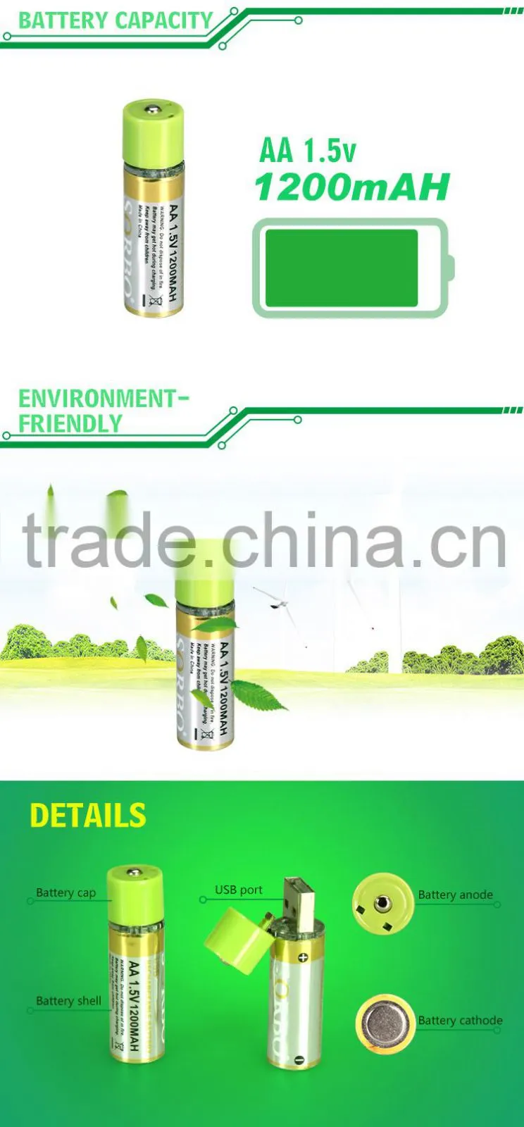 SORBO OEM Factory Price USB Rechargeable 1.5V AA Battery,High Capacity Power Bank Portable External Battery