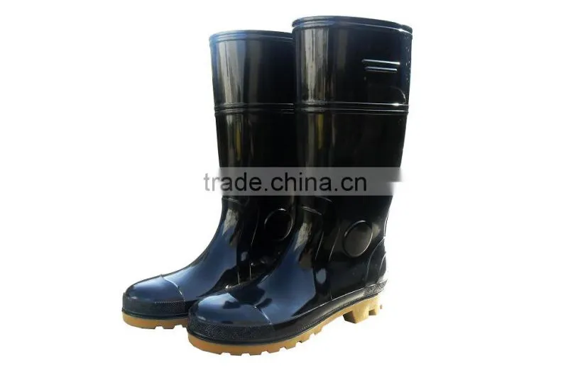Black PVC Safety boots rain boots gumboots with steel toe cap and steel plate mid-sole