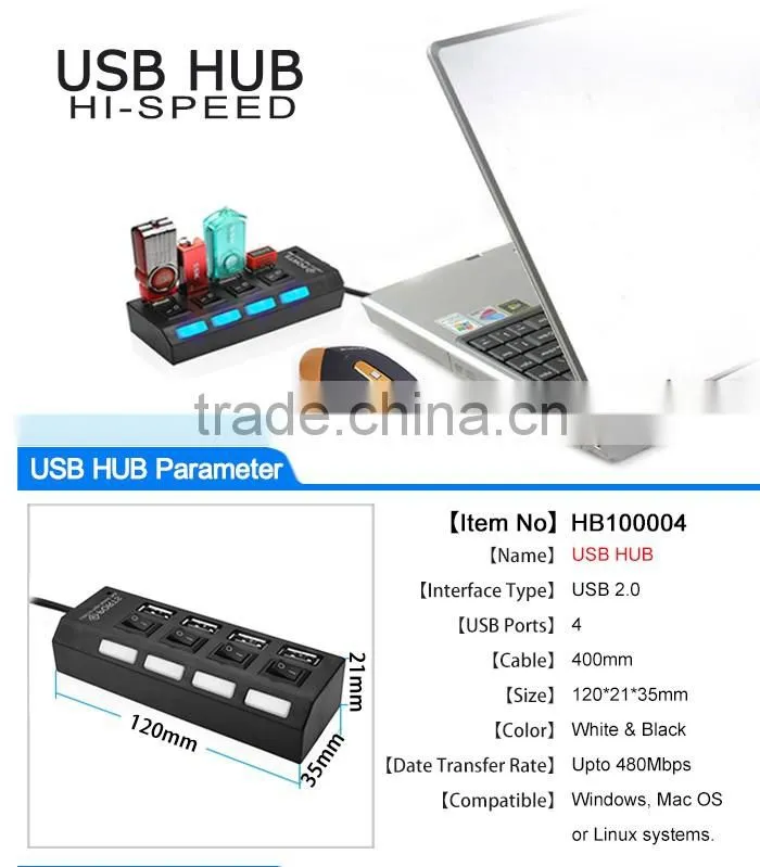 NEW Arrival High Speed USB Hub 4 Ports LED USB 2.0 Hub 480 Mbps Hub USB On/Off Switch For Computer Peripheral Accessorie