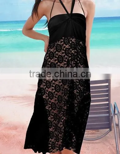New Fashion Women's Sexy Two Ways Wear Spaghetti Strap Sleeveless Hollow Out Loose Solid Lace Dress