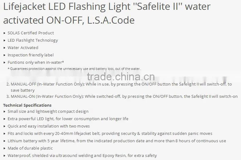 Lifejacket LED Flashing Light "Safelite II" water activated ON-OFF,