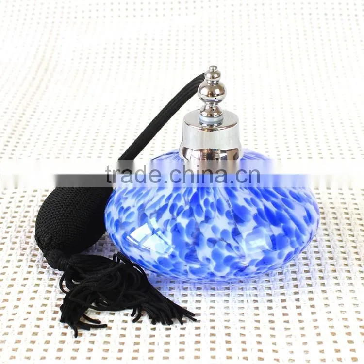 Handmade Vintage France Art Deco Glass Airbag Perfume Bottle / Blue Point Empty Scent Bottle