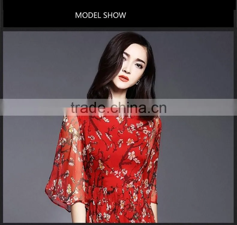 high quality real silk half sleeve round neck printed summer long dress latest dress designs