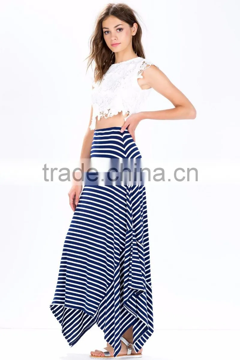 2015 Wholesale fashion design women stripe long skirt asymmetrical high waist maxi long skirt for women