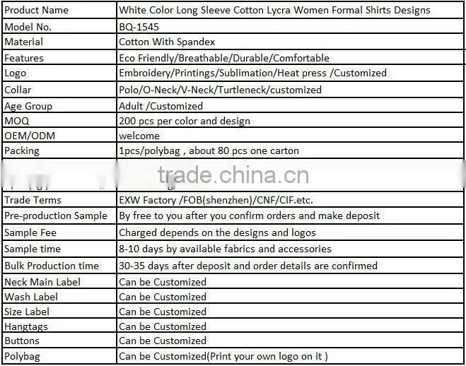 White Color Long Sleeve Cotton Lycra Women Formal Shirts Designs