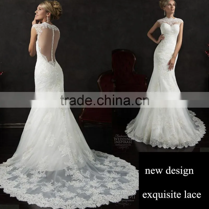 Latest Designs 2017 Elegant A-Line High Collar Cap Sleeve Floor-length Modest Beaded Lace Wedding Dress F13802