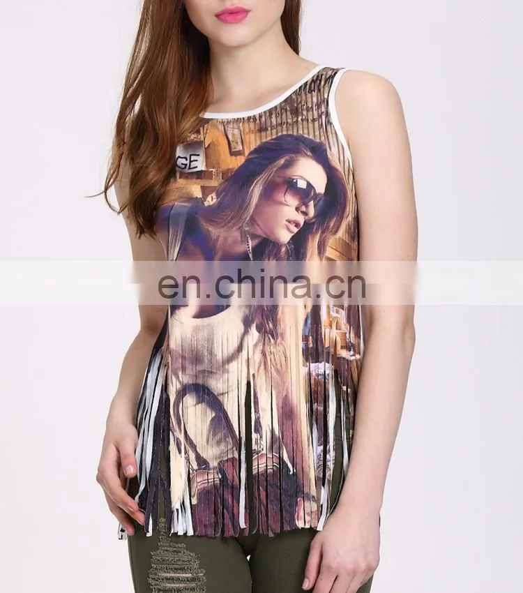 Newest Fashion Sleeveless Shirt With Tassels Sexy Printed Tank Top