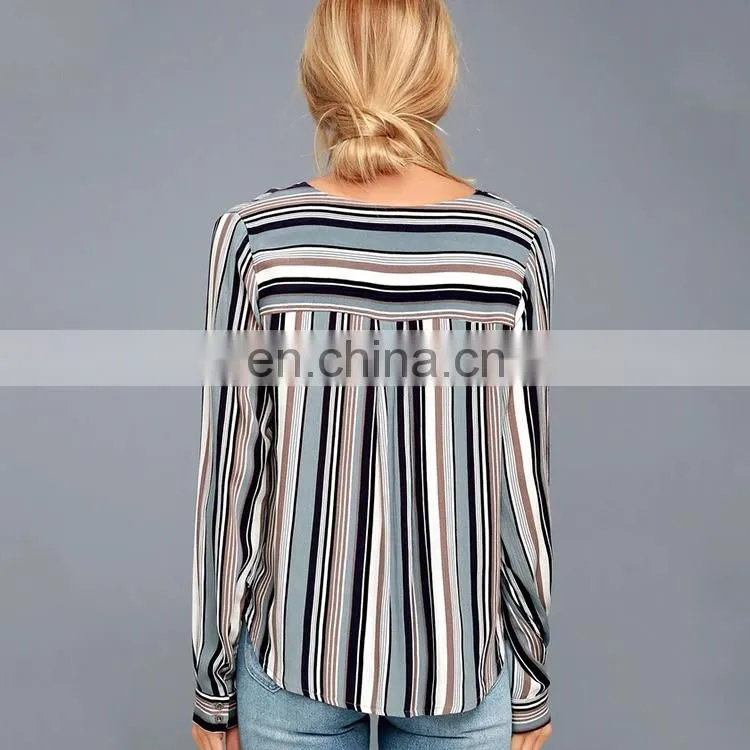 High quality trendy style striped long sleeve knotted shirt lady colorful blouse &top