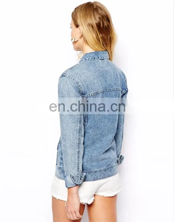 wholesale new fashion acid wash denim jacket with long sleeve design, 100% manufacturer customized ladies jacket