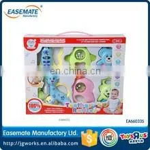 Hot selling plastic funny baby rattle and teether three color ball two-headed bear