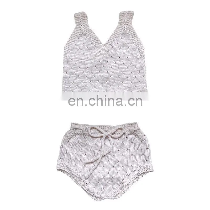 100% Cotton Knitted kid Girl knitted 2pcs set On Crop and short sets for knitted