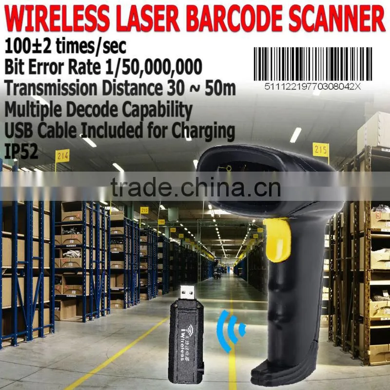 Reader POS Cordless Rechargeable 30~50m 2.4GHz Laser USB Wireless Barcode Scanner