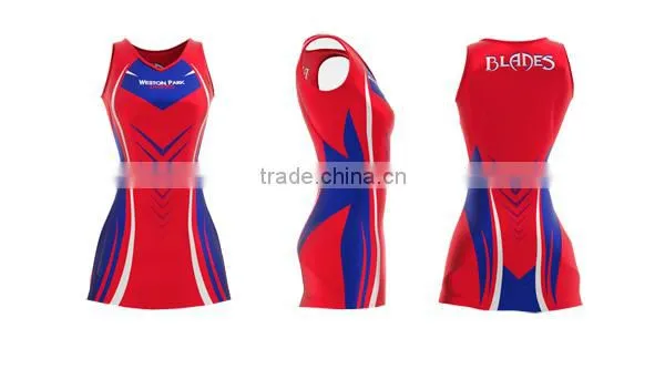 Hot sale netball dress design color red and blue with gold star