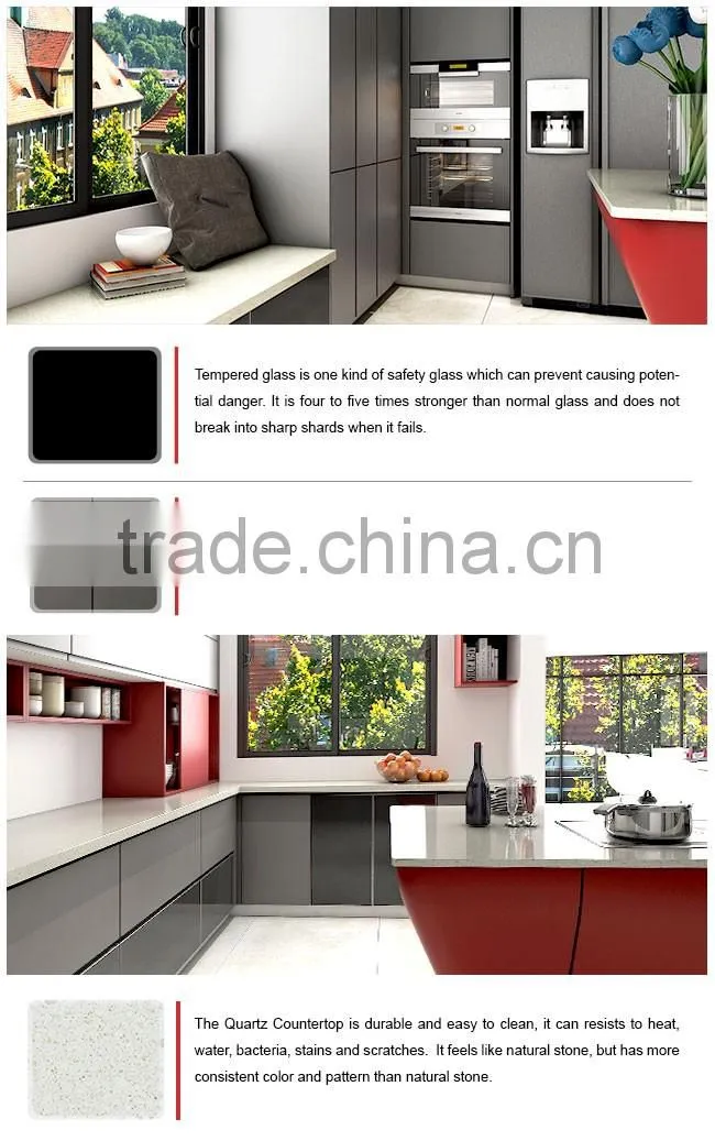 Red & Grey Tempered Glass Lacquer MDF Wooden Kitchen Cabinet with Island Design