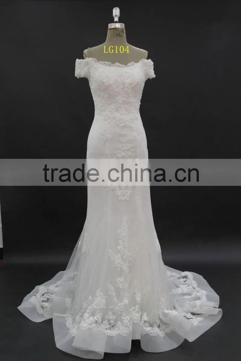 off-shoulder straight neckline horse tail at hem make ruffle effect sheath wedding dress