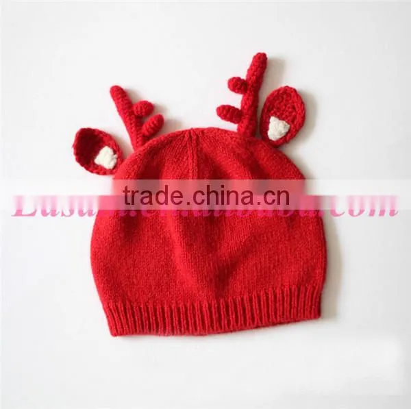 Top quality children antler fabric knitting cony rabbit hair christmas hat for baby