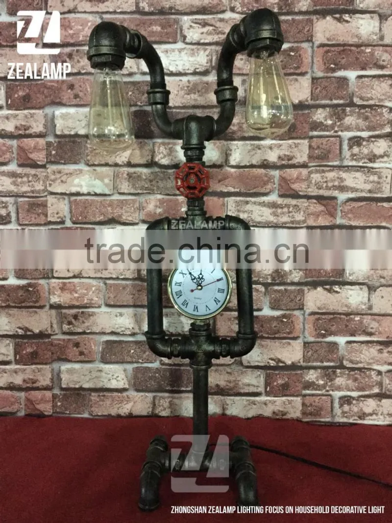 Industrial Style Pipe Lights Steampunk Pipe Table Lamp Edison Lamp Double Head With Clock