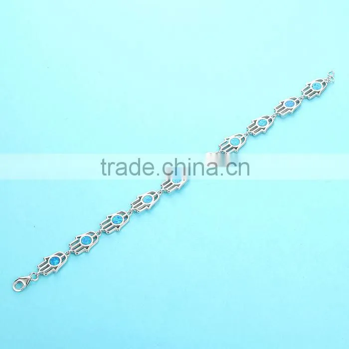925 Sterling Silver Blue Opal Hamsa Hand Shape Bracelet SBI160W