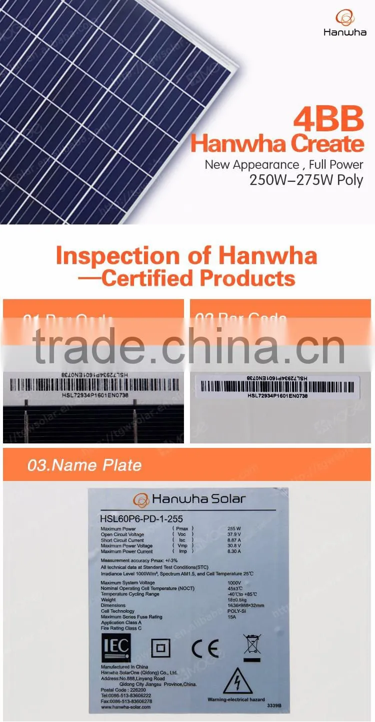 Hanwha A grade 4BB 250w 255w 260w 265w 270w 275w 300w 305w 310w 315w 320w panel solar fabricantes en China with best price