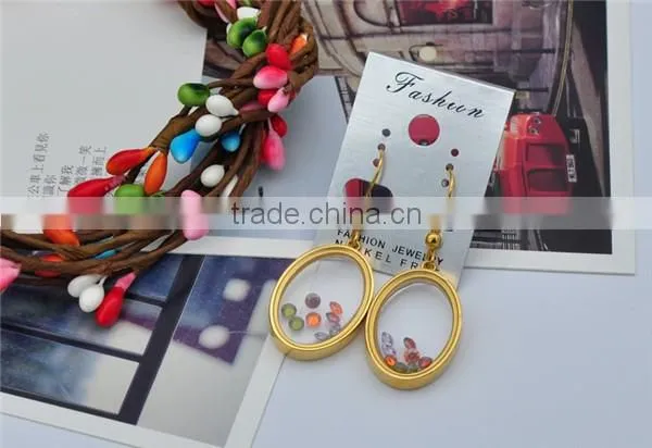 gold plating oval earrings stainless steel glass zirconia float dangle earrings