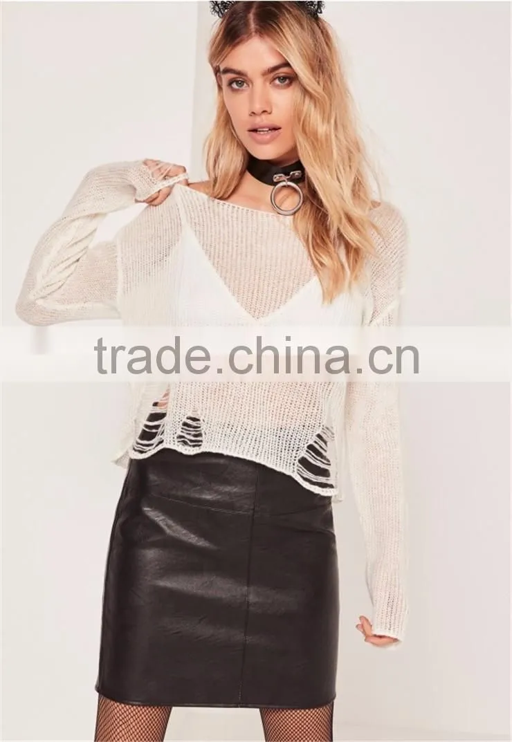 MGOO Newest Design Women Knitwear Sweater Drop Shoulder Loose Neck Distressed Ladder Jumper Cream