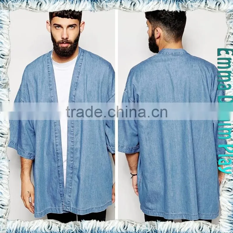 Light Blue Men Fashion Trend Chic Designer Short Sleeves Denim Long Jackets Coats