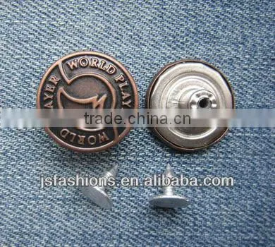 Letter printed rust color brass jeans button, fashion brass shank button for denim clothes
