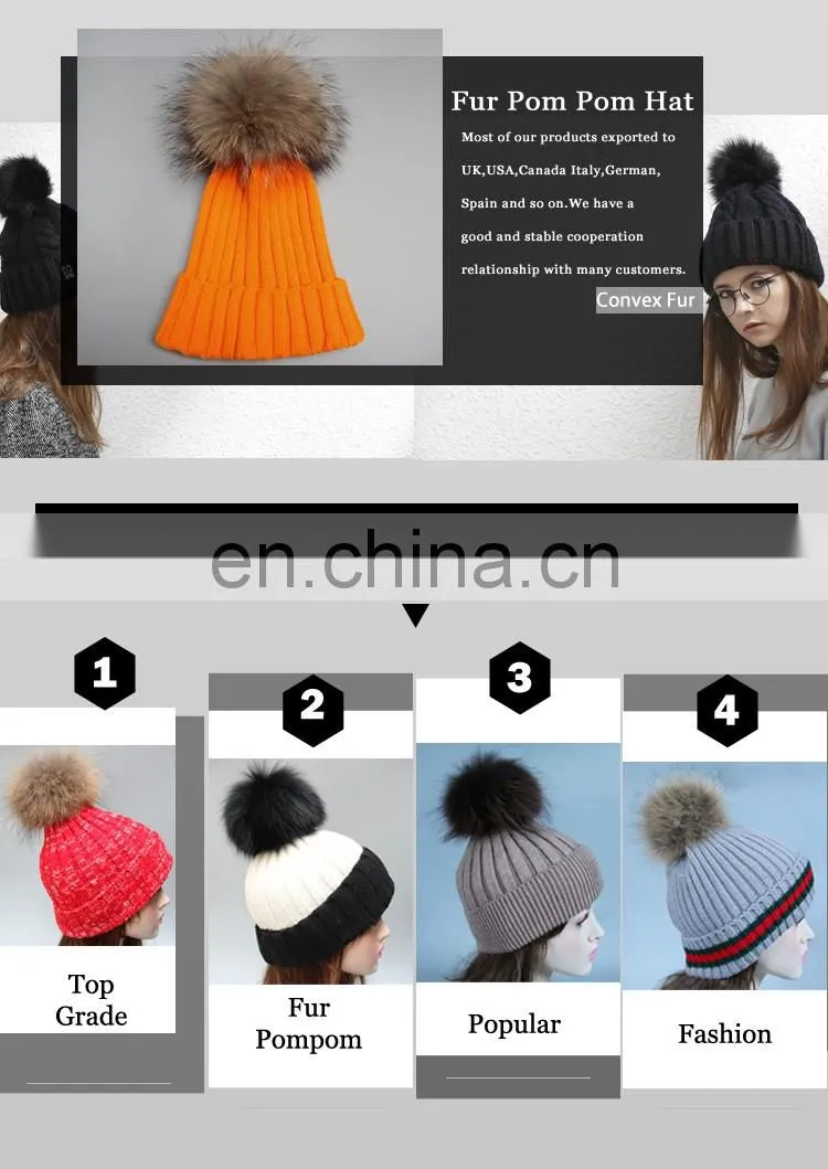 2016 Girls winter knitted fur bobble hat with big genuine raccoon fur bobble