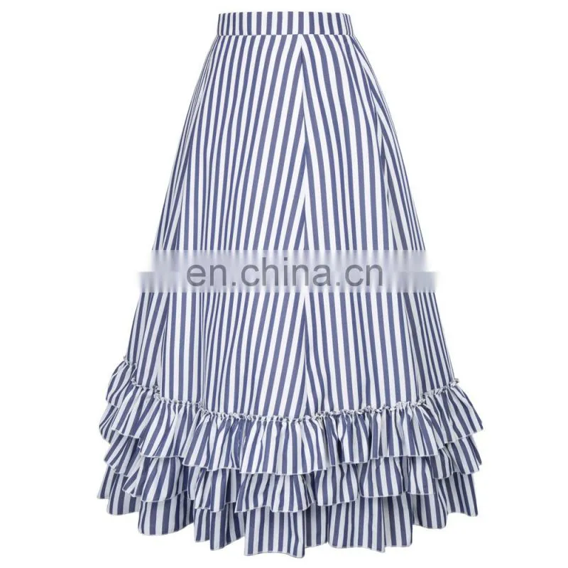 Belle Poque Retro Vintage Gothic Style Blue & White Stripes Bustle Skirt BP000354-2