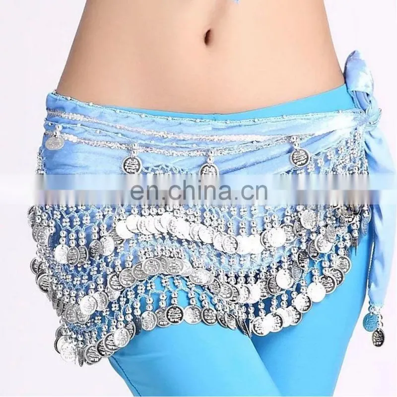 Y-2005 Indian 256 silver coins performance velvet belly dance hip scarf with multy color
