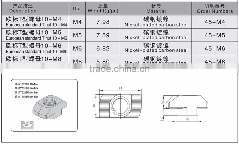 M5 Hammer Nut Aluminum Connector T Fastener Sliding Nut Nickel Plated Carbon Steel for 2020 Aluminum Profile