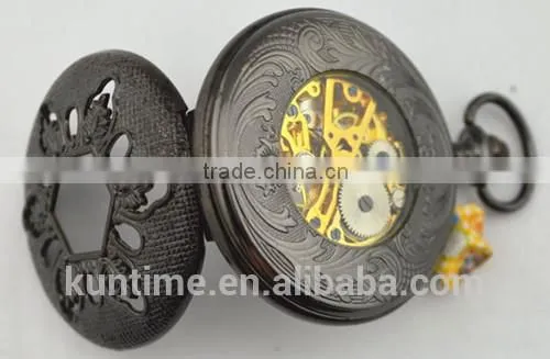 erotic automaton pocket watch Black hollow engraving quartz automatic pocket watch