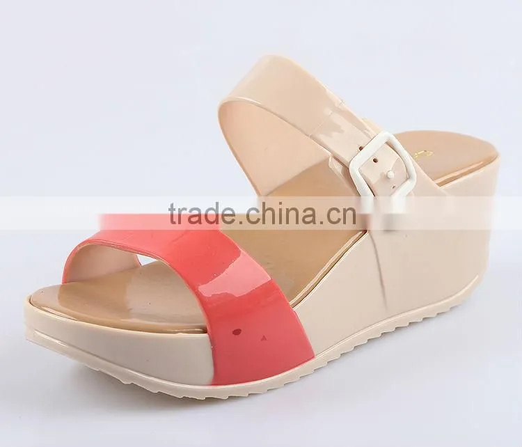 2015 Color Blocking Jelly Slippers Ladies Fashion Wedges Jelly Shoes