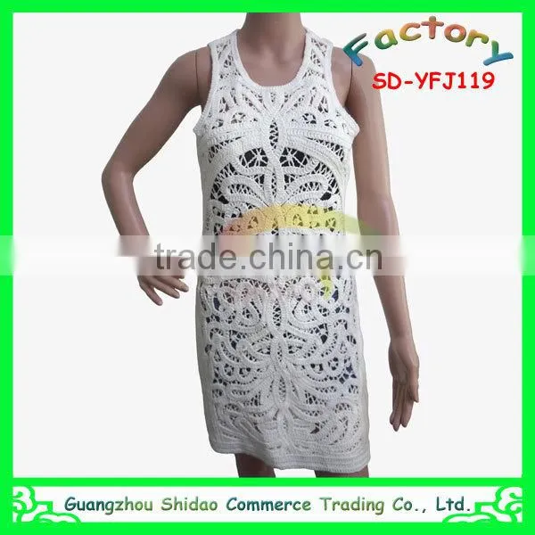 Slim elegant sleeveless white cotton crochet openwork lace knee length embroidery blouses