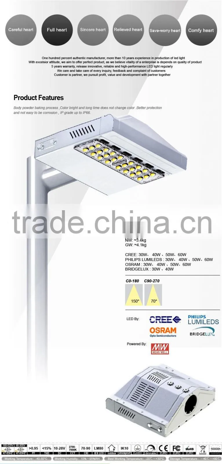 Modular Design, 100-140lm/W, Meanwell Driver, Lens Kit for Different Beam Angle, CE Rohs Approved 40W LED Street Light