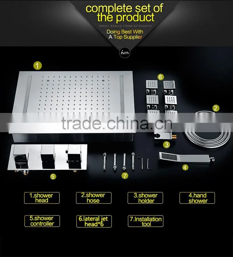 led shower complete set 3 Way in wall thermostatic shower faucet with 360*500mm electric shower + 6 pcs massage body jets