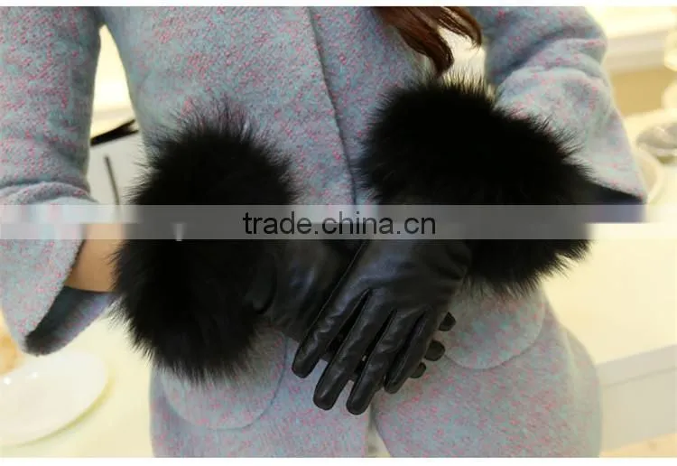 New Collection Wrist Length Inseam Fur Cuffs Black Sheepskin Classical Gloves