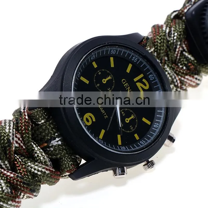 Outdoor men multifunctional Paracord Watch Bracelet with Thermometer &Fishing Kit