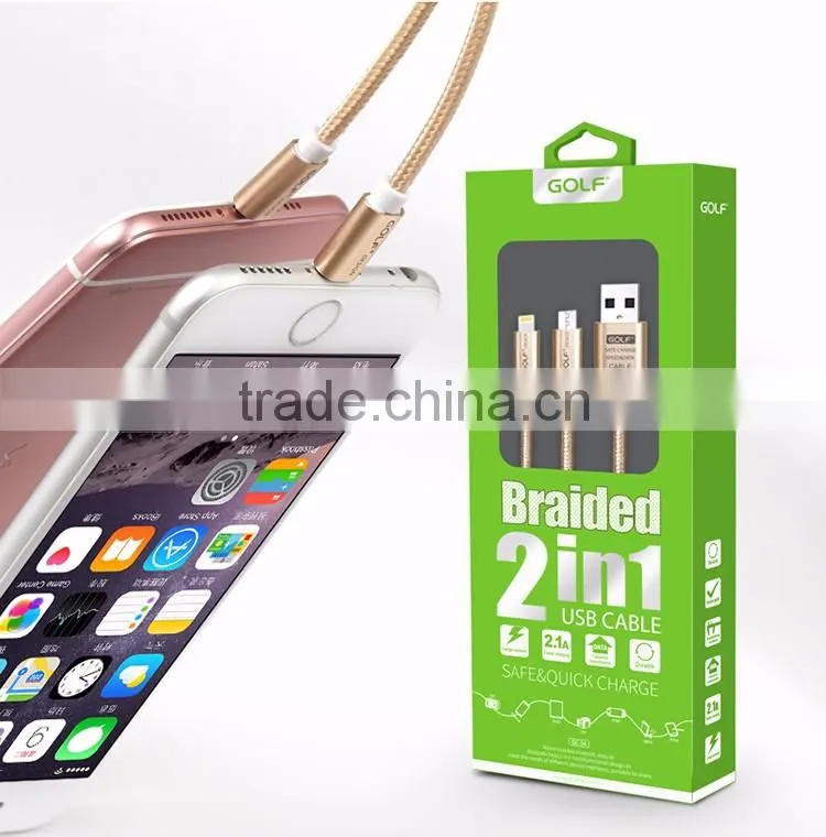 golf usb multi charger data cable metal braided 2 in 1 usb cable for smartphones