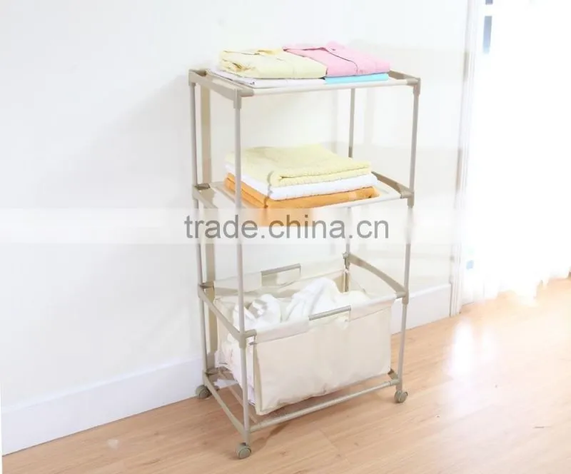 Silver Grey Coated 3-Section Heavy-Duty Steel Rolling Laundry Sorter/Cart