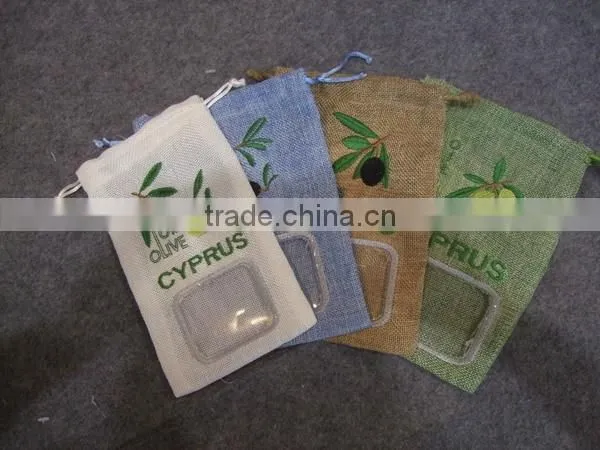 Gift soap jute bags with PVC window and customized design emboridery
