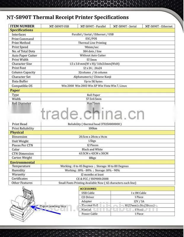 NT-5890T Supermarket 58mm USB Mini Thermal Receipt Printer in POS System